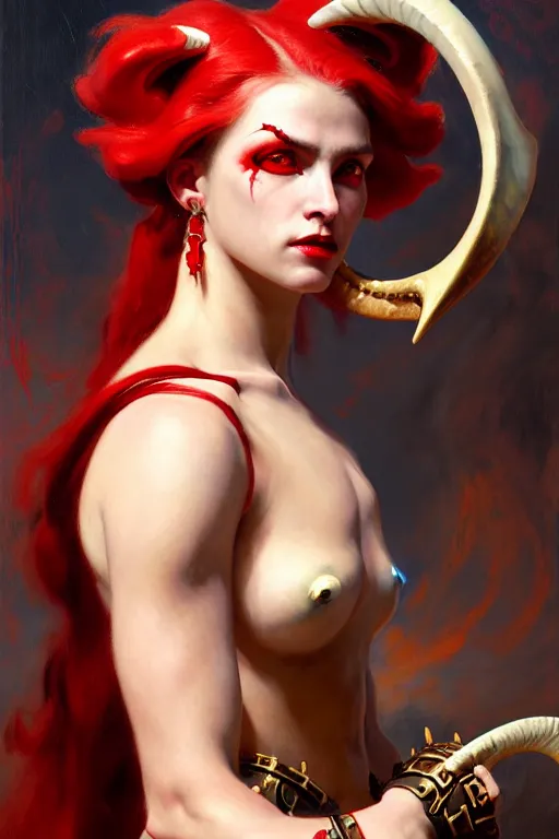 Prompt: painted close - up portrait of a very attractive red - skinned intimidating demon cyborg girl with ram horns! oil painting, wearing a noblewoman's outfit, fantasy art by john singer sargent and gaston bussiere and james jean and greg rutkowski, demon noble character design, hd