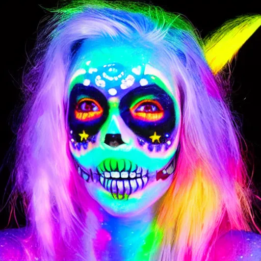 Image similar to Prismatic Spectrum Cosmic Magical Girl from the Rainbow Sky Paradise, tomorrowland, dia de muertos, lit by flashing pixel light, fully covered in colorful paint, glowing neon