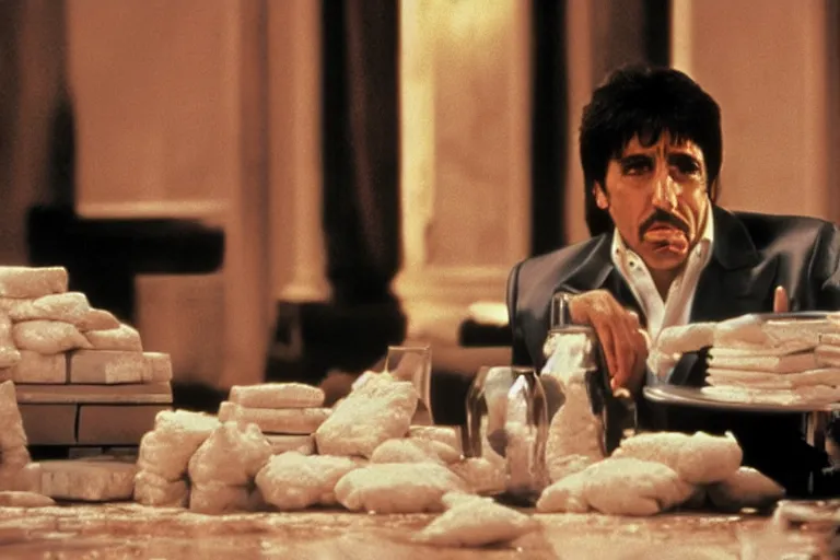 Prompt: tony montana from movie scarface 1 9 8 3 sitting at a table with packages of flour. next to the night window. al pacino. perfect symmetric face, coherent eyes, fine details, 4 k, cinestill, ron cobb