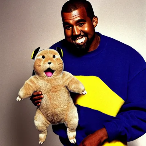 Image similar to kanye west smiling holding pikachu for a 1 9 9 0 s sitcom tv show, studio photograph, portrait c 1 2. 0