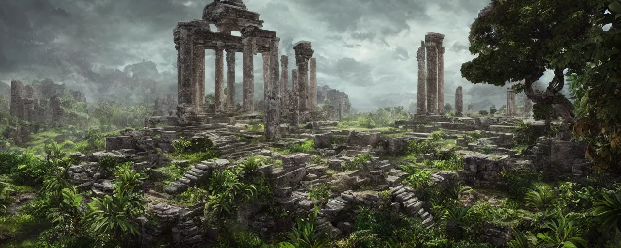 Prompt: ” otherwordly landscape with temple ruins covered by vegetation, [ cinematic, detailed, epic, widescreen, opening, establishing, mattepainting, photorealistic, realistic textures, octane render ] ”