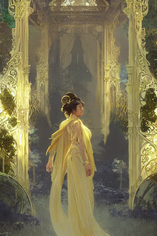 Image similar to a girl emperor being escorted by shadow guards wears long golden flowing robes, an ostentatious palace and garden are seen in the background. by jeremy mann and alphonse mucha, fantasy art, photo realistic, dynamic lighting, artstation, poster, volumetric lighting, very detailed anatomy and faces, 4 k, award winning