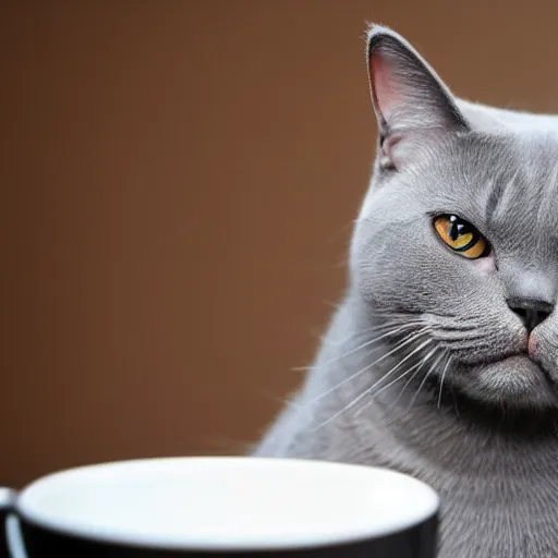 Prompt: britishshorthair cat drinking coffee