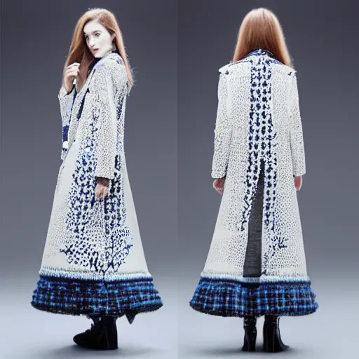 Image similar to fashion 2 0 5 0 fantastic openwork long coat with intricate pattern on a beautiful symmetrical girl with blue hair, hyper realistic photos