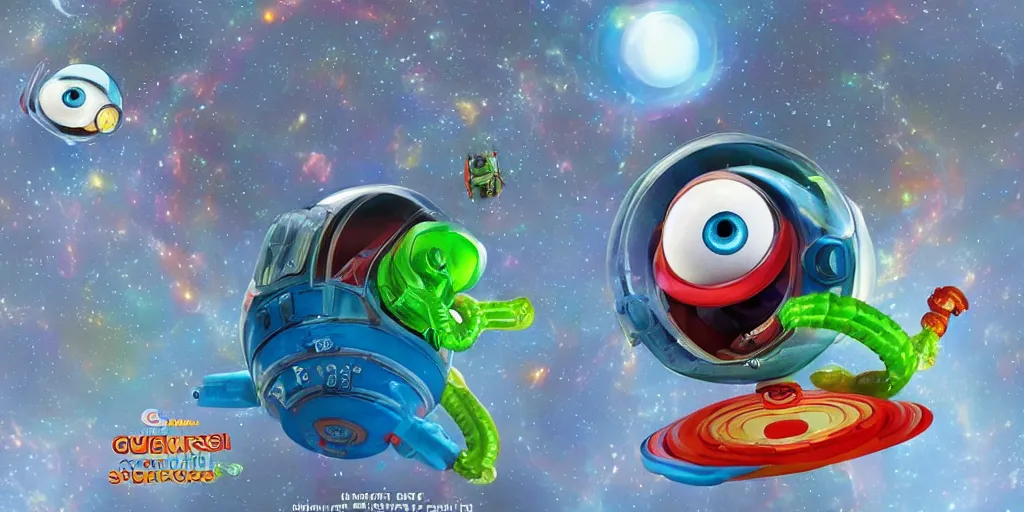 Image similar to a 3 d rendered movie still a gummi worm descendant 1 million years from now. gummi worm wears a spacesuit, and explores cosmos in a super awesome space ship. science fiction blockbuster movie gummi worms rule the world or my stepmom is a gummie worm from space, imax 7 0 mm. bladerunner, silent running, wall - e