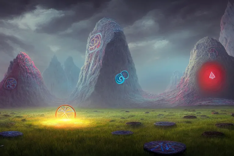 Image similar to a psychedelic realm with rolling plains made out of clouds, and a giant portal covered in runes that leads into the multiverse, in the style of wlop, illustration, epic, fantasy, hyper detailed, smooth, unreal engine, sharp focus, ray tracing