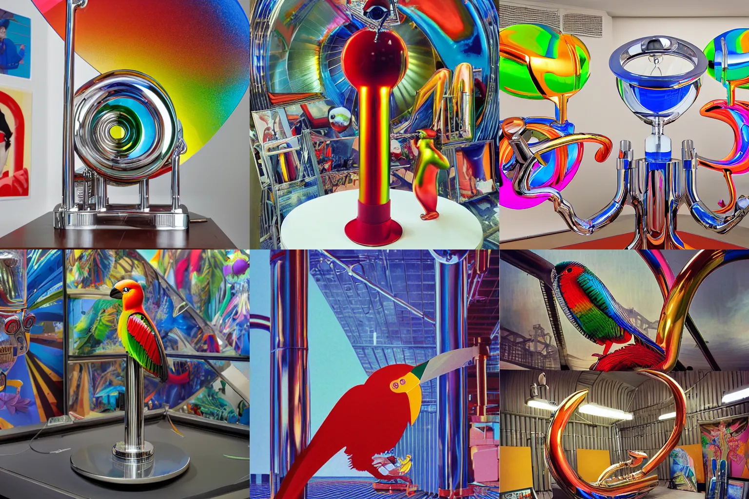 Prompt: A propaganda, chrome simple mechanical parrot made from chrome tubes by moebius, by david lachapelle, by angus mckie, by rhads, by jeff koons, in an empty studio hollow