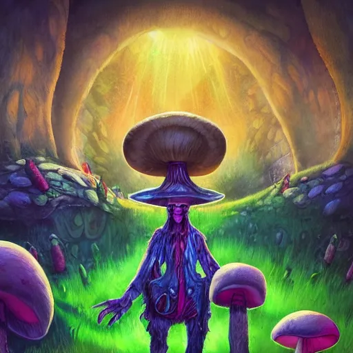 Image similar to 4 k headshot portrait of a psychedelic demonic anthropomorphic bunny rabbit with mushroom themed clothes, magic mushroom village in background by jeff easley, award winning, stylized neon, post - processing, masterpiece, superb resolution. in the art style of junji ito and greg rutkowski. detailed mushroom city in background. hyper realistic anime. perfect art. dalle 2