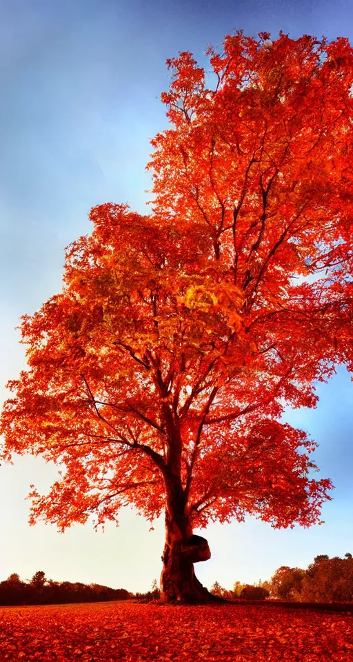 Image similar to beautiful ancient tree made of bone with crimson autumn leaves, melancholy autumn light, red leaves, white bone tree, atmospheric HD photograph, lens flare, depth of field