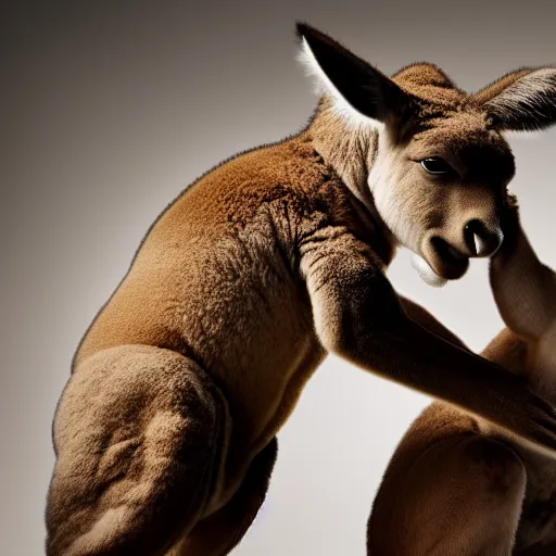 Image similar to dwayne johnson fighting a kangaroo, portrait, studio photography, studio lighting, high detail, 8 k