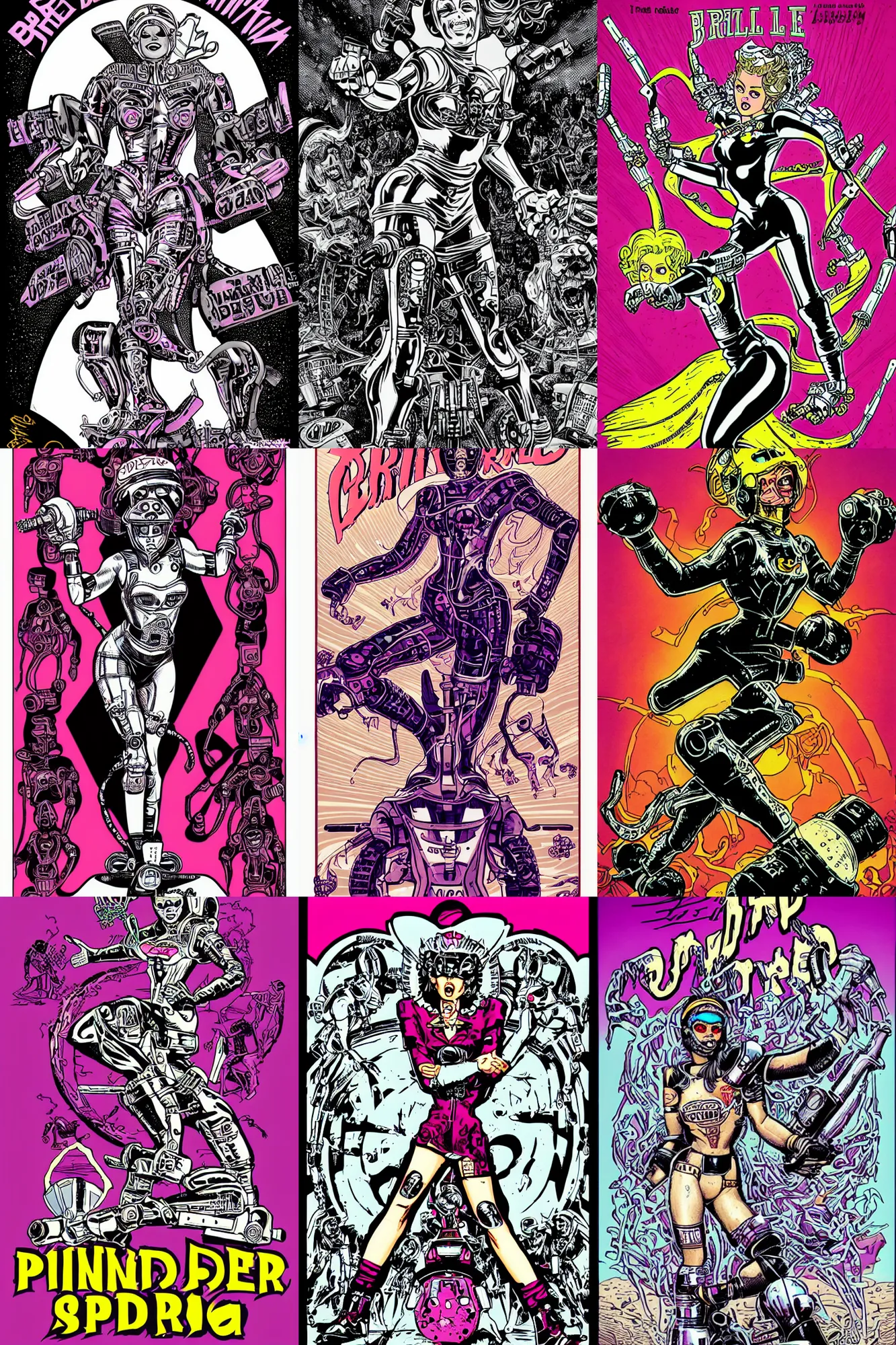 Prompt: bride of pinbot roller derby girl sprinting Cross-Over, full length portait, logo design by Philippe Caza