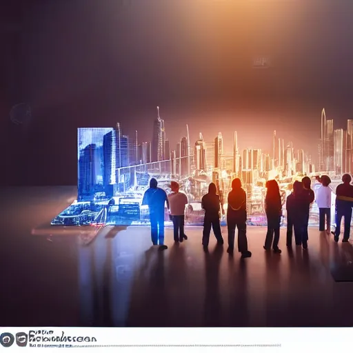 Image similar to crane shot of large group people in open warehouse, looking at hologram of futuristic city on a table, cinematic still, godrays, golden hour, natural sunlight, 4 k, clear details, tabletop model buildings, tabletop model, ethereal hologram center, crane shot, crane shot, rule of thirds, people, people