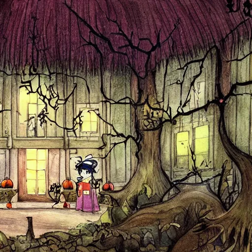 Image similar to the hall in the castle decorated for halloween hayao miyazaki in a small clearing among trees, watercolor illustration for a book