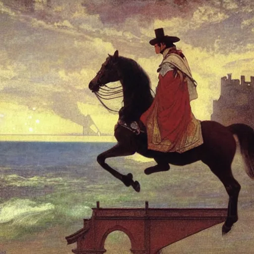 Image similar to Magician riding a horse leaving the castle through the bridge, thunderstorm, beach ocean on the background major arcana sky, by paul delaroche, alphonse mucha and arnold böcklin arnold böcklin hyperrealistic 8k, very detailed