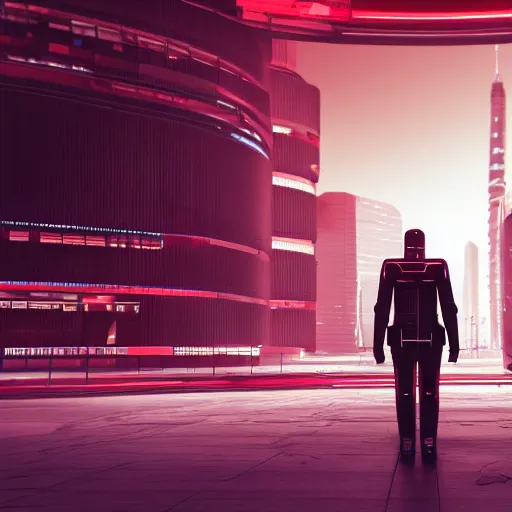 Image similar to photo of a lone android walking in a futuristic city in a dystopian future made of electronic components and looks like a giant pcb board. Very detailed 8k. Unreal engine 5 render with nanite, global illumination and path tracing. Cinematic post processing. Emphasize on the colors black and red.