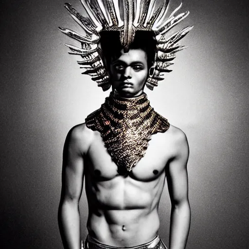 Prompt: a portrait of a beautiful young male wearing an alexander mcqueen armor made of hell , photographed by andrew thomas huang, artistic