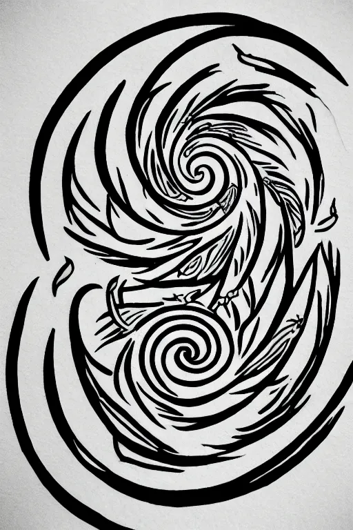 Image similar to a simple tattoo design of flying birds in a 8 shape spiral, black ink, logo