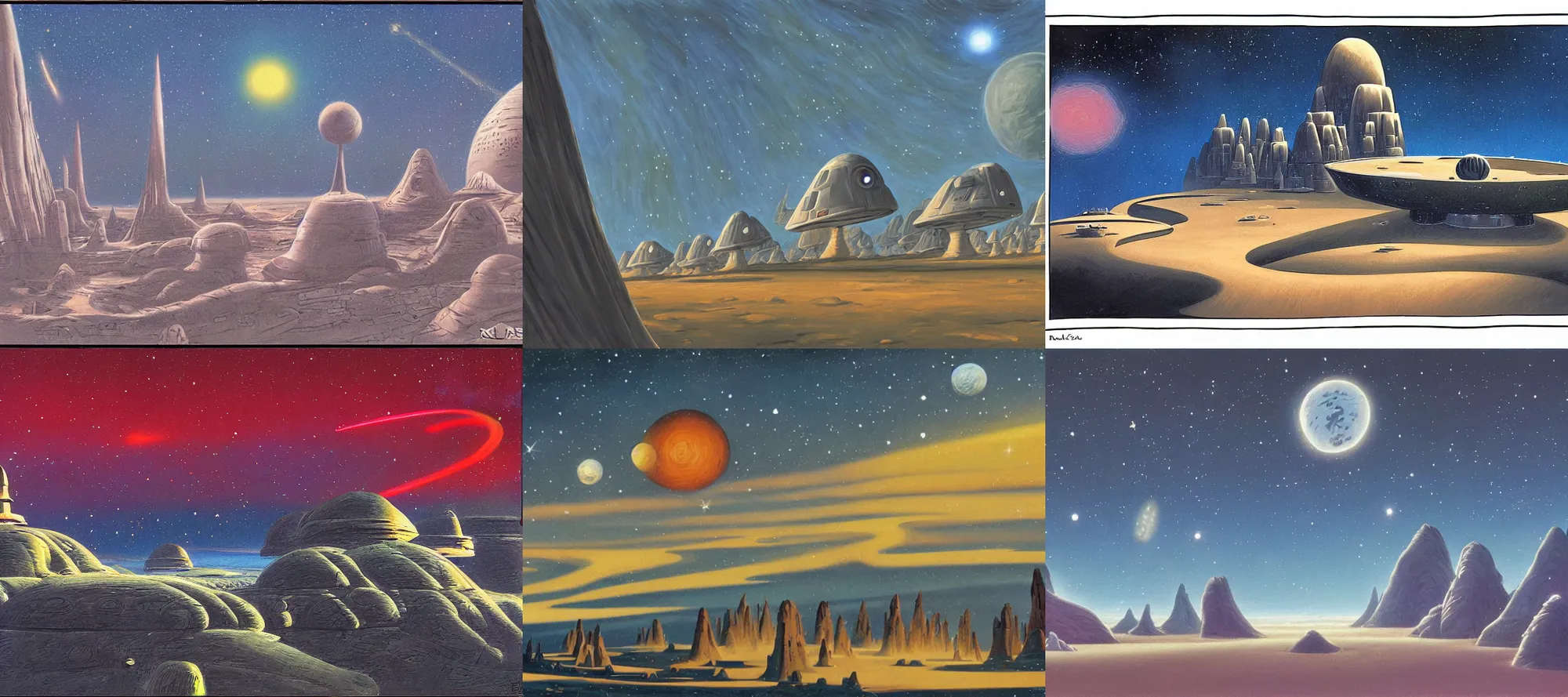 Prompt: alderaan landscape in the style of dr. seuss, starships, painting by ralph mcquarrie