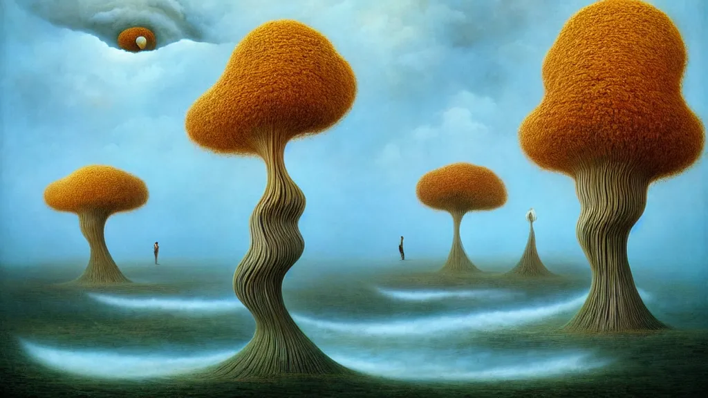 Prompt: surreal landscape, surrealism, symmetrical, whirling trees, lake with waves breaking, esao andrews, victor enrich, dali