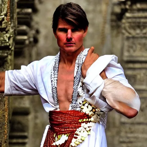 Image similar to tom cruise wearing traditional Bali dress, perfect faces, award winning photography