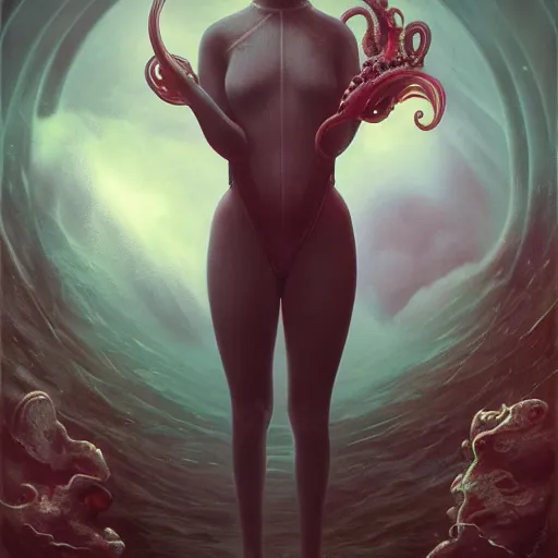 Image similar to by tom bagshaw, a centered wide shot soft paint render of a curiosity lovecraft underworld depths, single female underwater with full bodysuit armor, water waves, multiples tentacles, symmetry accurate features, ominous depths, elegance, refractions, reflections, focus, rainbow lighting, very high detail, gods ray, octane, artstation