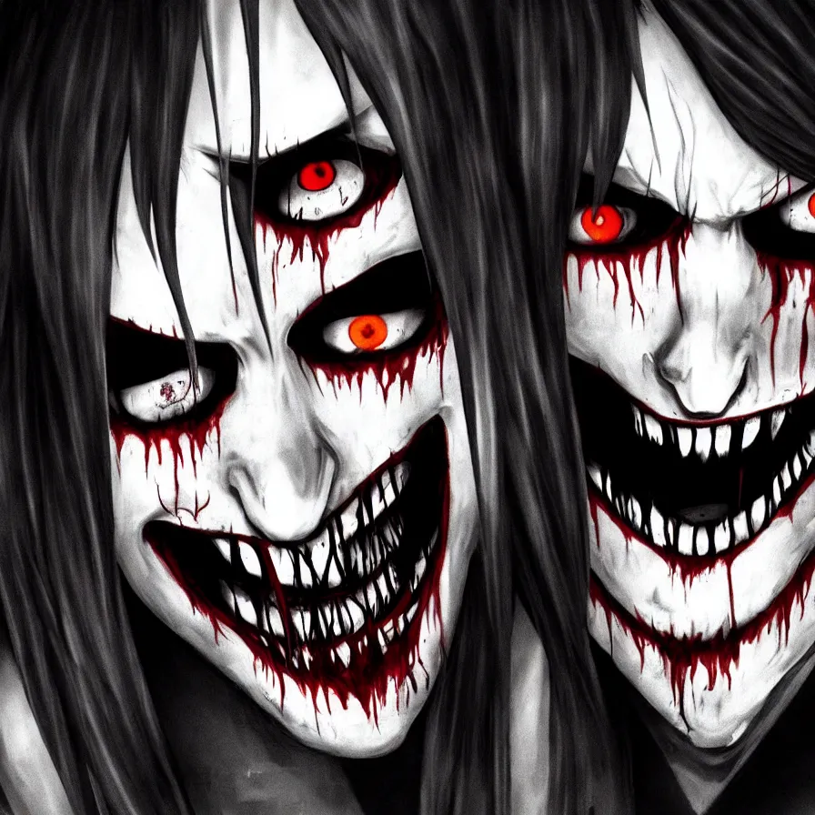 Prompt: jeff the killer sneaking through your window at night with devious intent, his smile is very wide, vivid lighting, highly detailed, hyper realistic, many colors