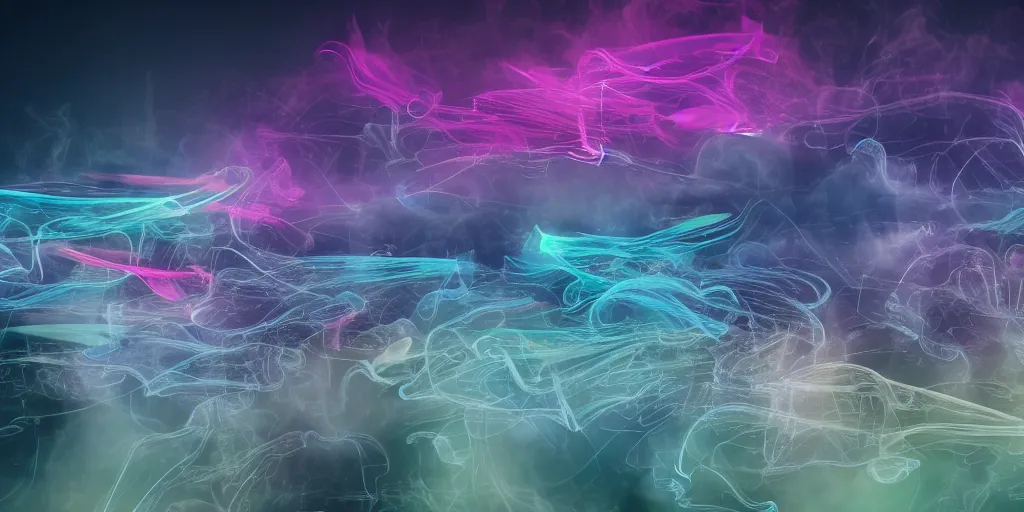 Prompt: dimly lit muted multi-color smoke (blues, greens), muted neon smoke, smoke reminiscent (translucent outline) of fierce flying dragons with large outstretched wings flying, a distant vague city park landscape in the background, photographic, stunning, inspiring, super high energy, swift, fast, fleeting, 8K, 4K, UE5