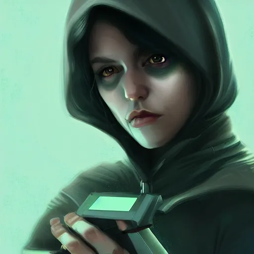 Image similar to female hacker dark and brooding, digital art, artstation, award winning