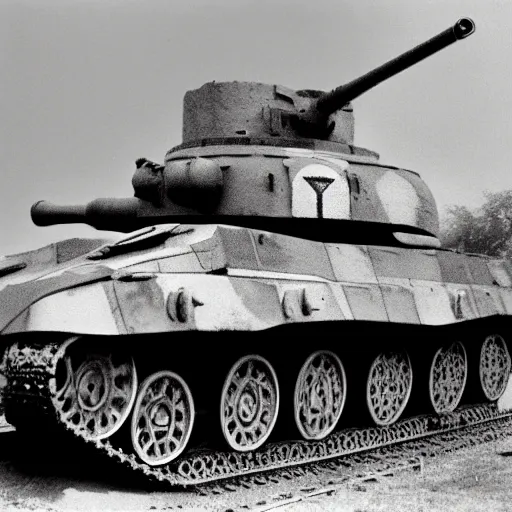 Image similar to a nazi panther tank that has been destroyed, black and white, film grain,