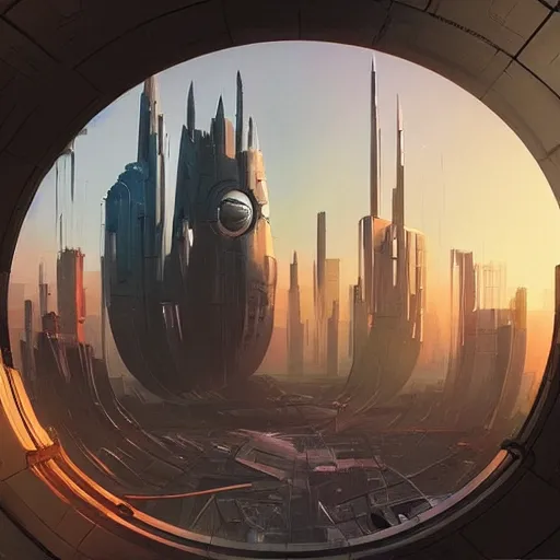 Image similar to derelict portal in a middle of a futuristic cityscape, world seen only through a portal, daylight, cinematic perspective, cinematic lighting, blue sky, syd mead, john harris