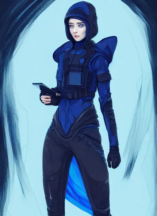 Image similar to full body portrait of blue witch within a techwear. cynical face, concept art, character illustrations, intricate, highly detailed 8 k, smooth, sharp focus, beautiful and aesthetic shape of face and body, artgerm, artstation, art by zexi guo and nira and junpei suzuki and gharliera and rinotuna