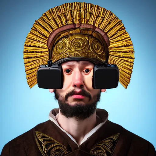 Image similar to Colour Caravaggio and Leonardo da Vinci style full body portrait Photography of Highly detailed Man wearing Ukrainian folk costume designed by Taras Shevchenko with 1000 years perfect face wearing highly detailed retrofuturistic VR headset designed by Josan Gonzalez. Many details In style of Josan Gonzalez and Mike Winkelmann and andgreg rutkowski and alphonse muchaand and Caspar David Friedrich and Stephen Hickman and James Gurney and Hiromasa Ogura. Rendered in Blender and Octane Render volumetric natural light