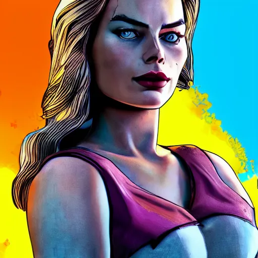 Image similar to margot robbie portrait, borderlands, tales from the borderlands, the wolf among us, comic, cinematic lighting, studio quality, 8 k