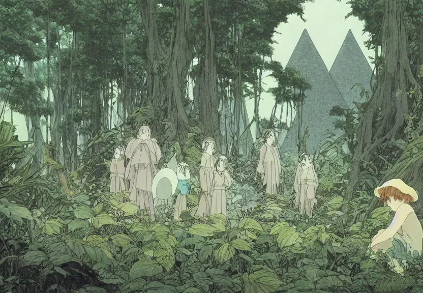 Image similar to a movie still from a studio ghibli film showing several large white pyramids in a swampy jungle. by studio ghibli, rebecca guay, michael kaluta, charles vess