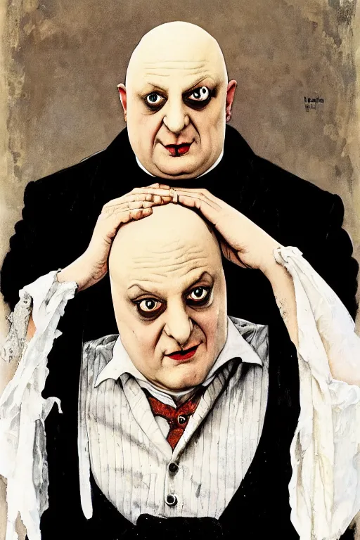 Prompt: uncle fester addams from the addams family painted by norman rockwell