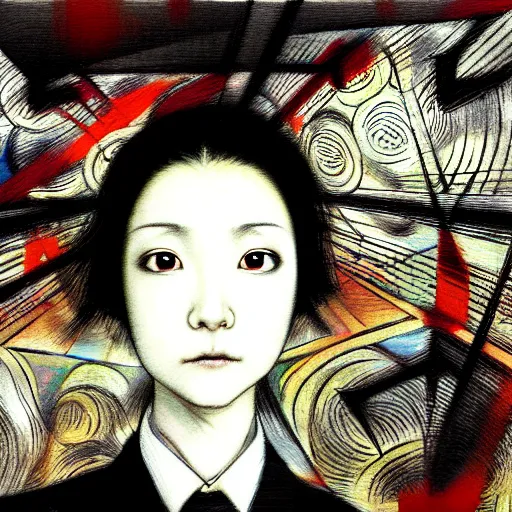 Image similar to yoshitaka amano blurred and dreamy realistic three quarter angle portrait of a young woman with short hair and black eyes wearing office suit with tie, junji ito abstract patterns in the background, satoshi kon anime, noisy film grain effect, highly detailed, renaissance oil painting, weird portrait angle, blurred lost edges