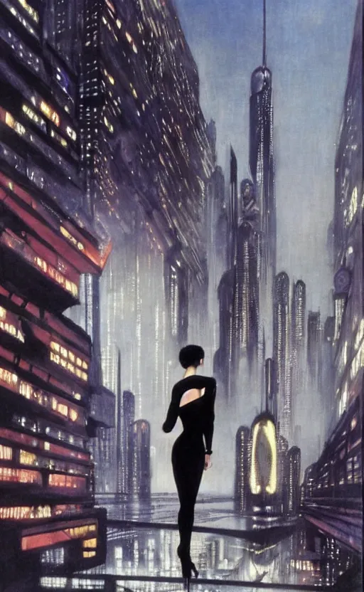 Image similar to an elegant Black woman in dress and heels, her back is to us, looking at a futuristic Blade Runner city, by Robert McGinnis.