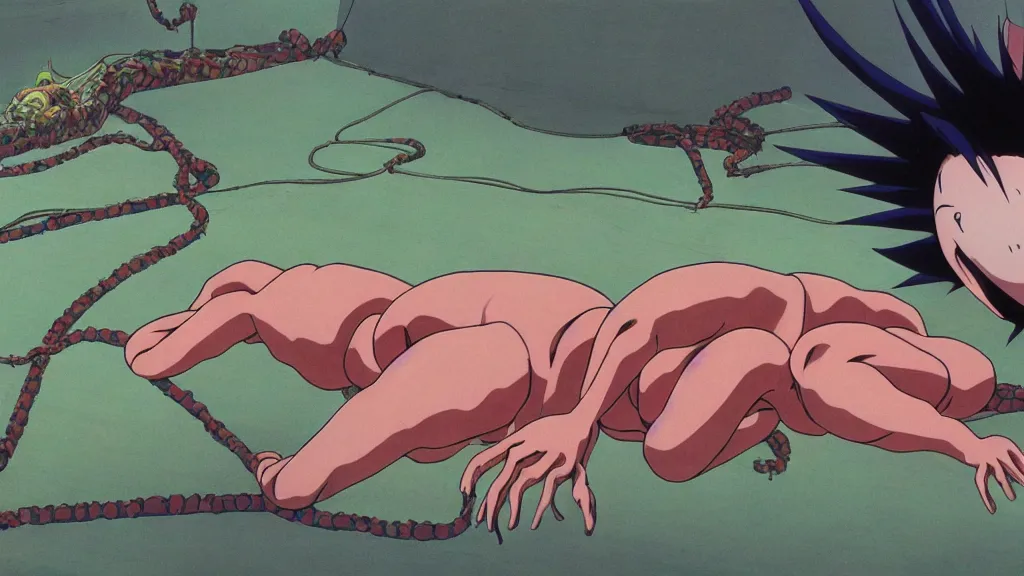 Image similar to a strange creature crawls on the ceiling of a Japanese temple, anime film still from the an anime directed by Katsuhiro Otomo with art direction by Salvador Dalí, wide lens