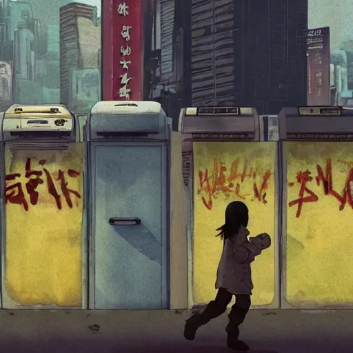 Image similar to incredible wide screenshot, ultrawide, simple watercolor, rough paper texture, ghost in the shell movie scene, backlit distant shot of girl in a parka running from a giant robot invasion side view, yellow parasol in deserted dusty shinjuku junk town, broken vending machines, bold graphic graffiti, old pawn shop, bright sun bleached ground, mud, fog, dust, windy, scary robot monster lurks in the background, ghost mask, teeth, animatronic, black smoke, pale beige sky, junk tv, texture, brown mud, dust, tangled overhead wires, telephone pole, dusty, dry, pencil marks, genius party,shinjuku, koji morimoto, katsuya terada, masamune shirow, tatsuyuki tanaka hd, 4k, remaster, dynamic camera angle, deep 3 point perspective, fish eye, dynamic scene