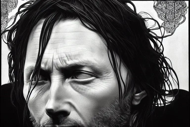 Image similar to hyper realistic portrait of thom yorke singer songwriter, side, flat face, liminal space, by lee bermejo, alphonse mucha and greg rutkowski