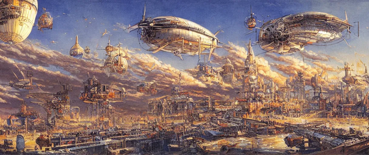 Prompt: a beautiful and detailed illustration of an airship port in a clockpunk world by Robert McCall, cinematic atmosphere, establishing shot