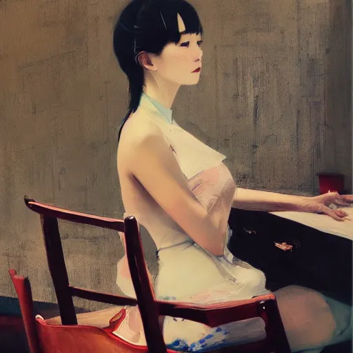 Prompt: oil painting by wlop, conrad roset, coby whitmore, of a youthful japanese beauty sitting on antique chair leaning against a desk, sideview, victorian room