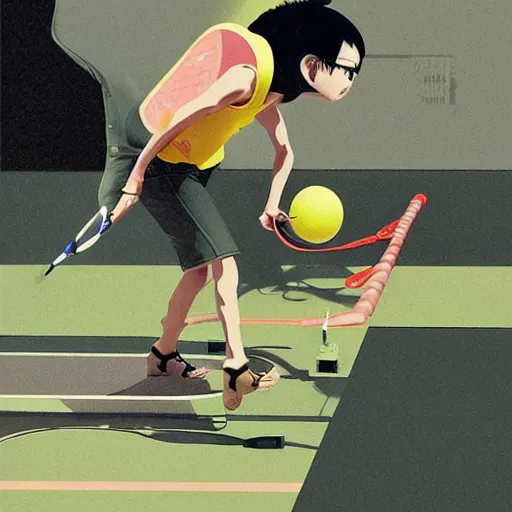 Image similar to illustration of hippo action figures playing badminton by ilya kuvshinov katsuhiro otomo