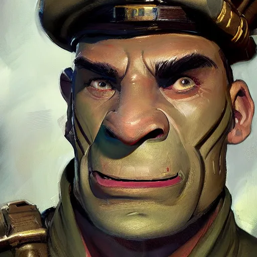 Image similar to greg manchess close - up portrait painting of a ruggedly handsome, decorated dieselpunk orc general in dress uniform with olive green skin as an overwatch character, medium shot, asymmetrical, profile picture, organic painting, sunny day, matte painting, bold shapes, hard edges, street art, trending on artstation, by huang guangjian and gil elvgren and sachin teng