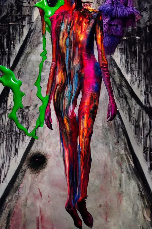 Image similar to crazy fashion catwalk, one model, crazy clothes, biopunk style, horror, clothes look like slime, hauntingly surreal, highly detailed painting by francis bacon, edward hopper, adrian ghenie, gerhard richter, and james jean soft light 4 k,