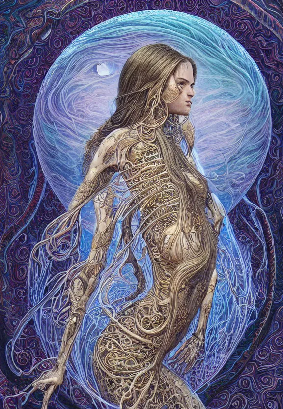 Image similar to perfectly centered full body front view of a beautiful biomechanical moon goddess, flowing hair, intense stare, sweet smile, symmetrical, concept art, intricate detail, volumetric shadows and lighting, psychedelic colors, realistic oil painting, alex grey, gustave dore,