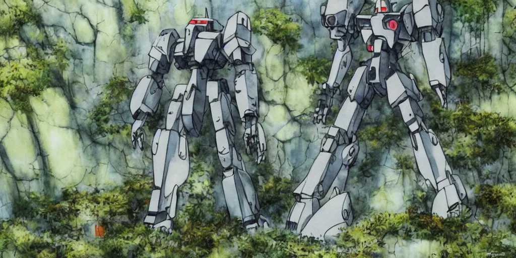 Image similar to Abandoned mecha overgrown with moss, oppressive atmosphere, low contrast, cloudy, Hideaki Anno, watercolor, Patlabor, Gunbuster