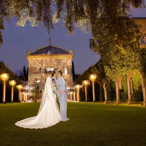 Prompt: Bride and Groom marrying in a garden, with a majestic Ottoman palace in the background, at night, well lit sky, luxury, luxurious wedding, Ottoman Empire era, gold, photorealistic, ultra-detailed, 4k high resolution, HDR shot