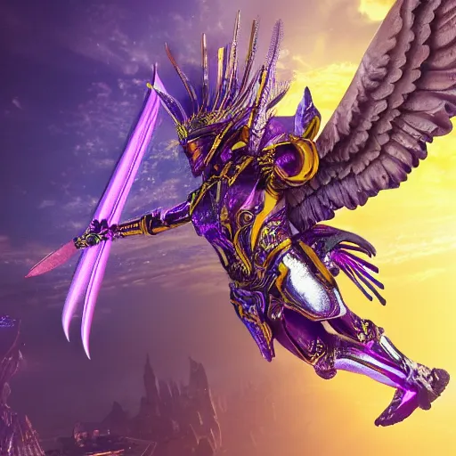 Image similar to a photo of 8 k hyper realistic, octane render archangel with white iridescent wings, full body, intricate purple and yellow neon armor, ornate, standing on front of huge megastructure red doors of heaven, with sword of fire, magical atmosphere, cinematic lighting, trending on artstation, 4 k, hyperrealistic, focused, high details, unreal engine 5