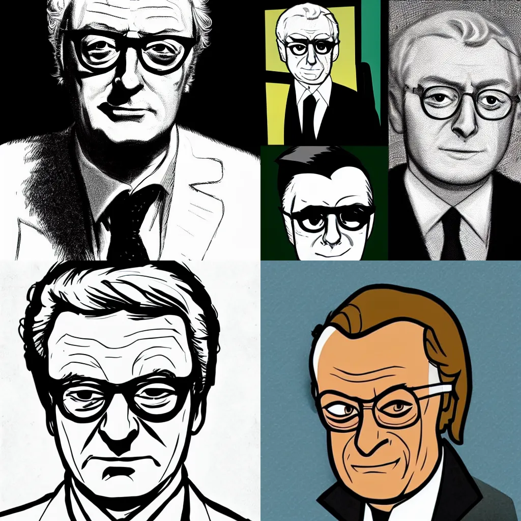 Prompt: Michael Caine drawn in the style of Jamie Hewlett